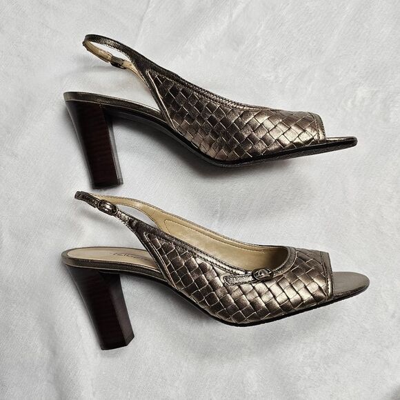 Talbots Slingback Sandal Open Toe Metallic Pewter Basketweave Leather Stacked - Picture 4 of 10